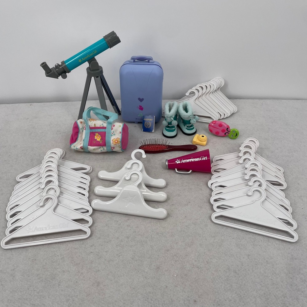 American Girl Doll Accessory Lot Telescope Suitcase Boots Hangers Duffel Bag